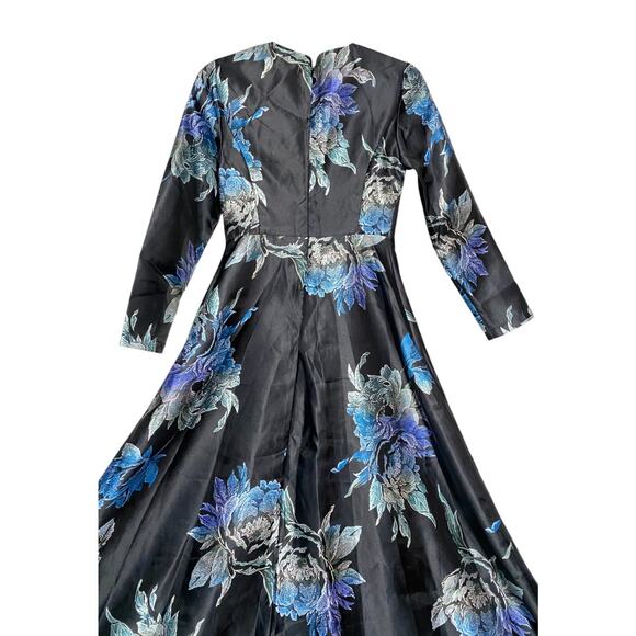 Faeriesty Evening Dress Size Small Black Blue Silver Flowers Polyester Lined NEW - Picture 4 of 9
